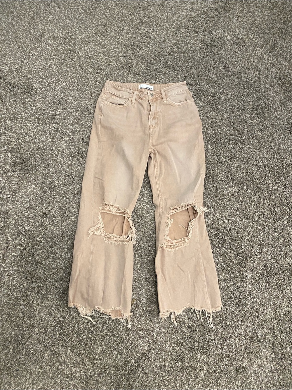 Beige Distressed Wide-Leg Jeans